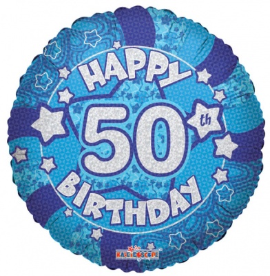 Blue Holographic Happy 50th Birthday Balloon - 18 inch